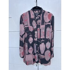 CITRON Santa Monica Black Asian Lantern Print Mandarin Collar Silk Shirt Sz M